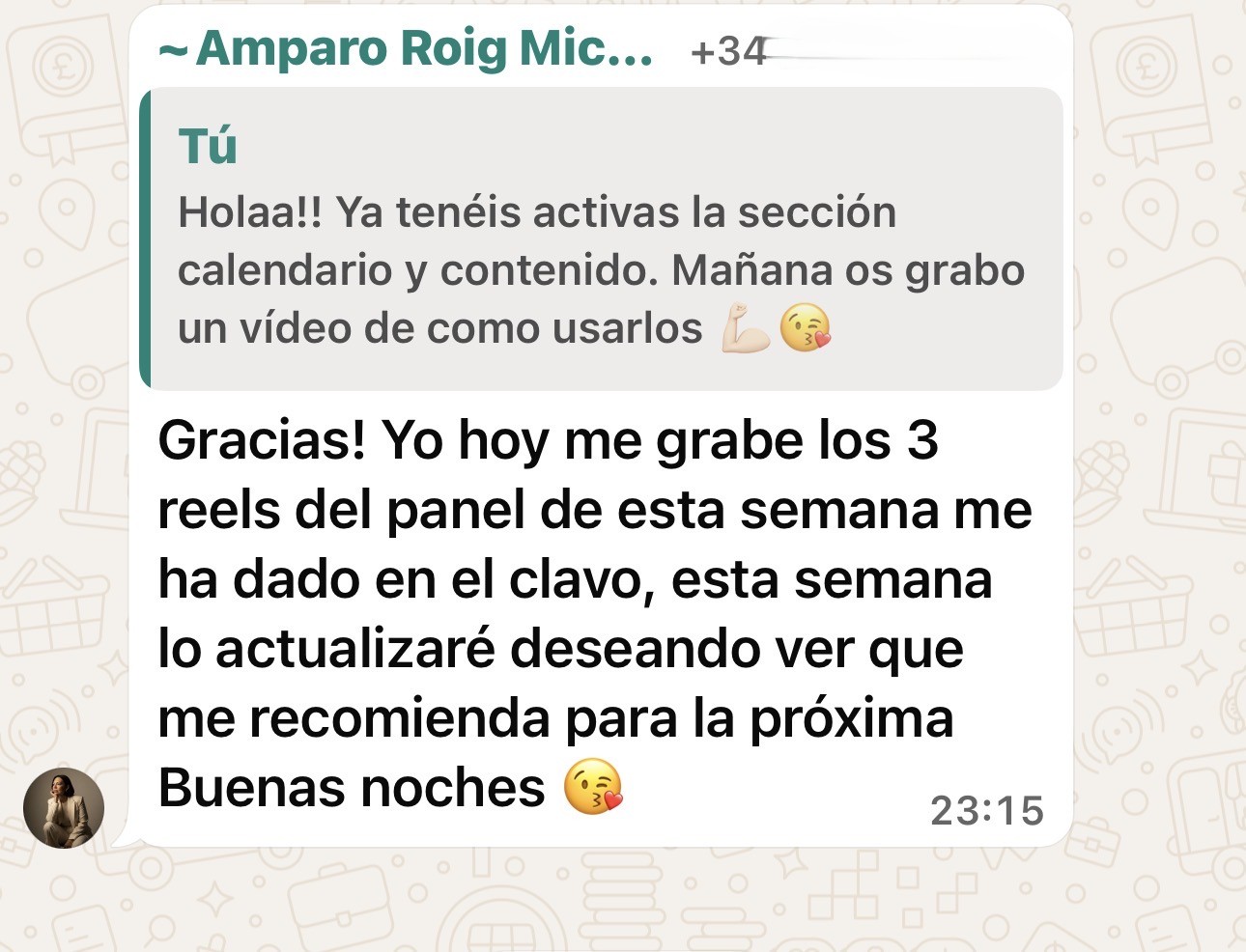 Mensaje de WhatsApp de una usuaria contando su experiencia