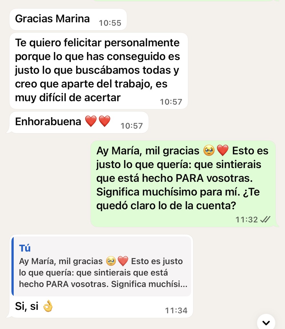 Conversación de WhatsApp con una usuaria felicitando el resultado
